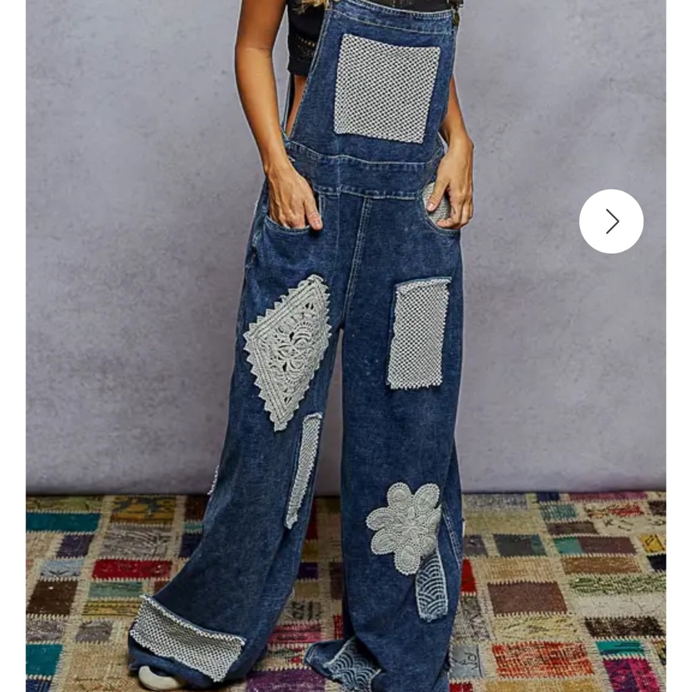 🆕 POL crochet patchwork wide-leg denim overalls. NWOT